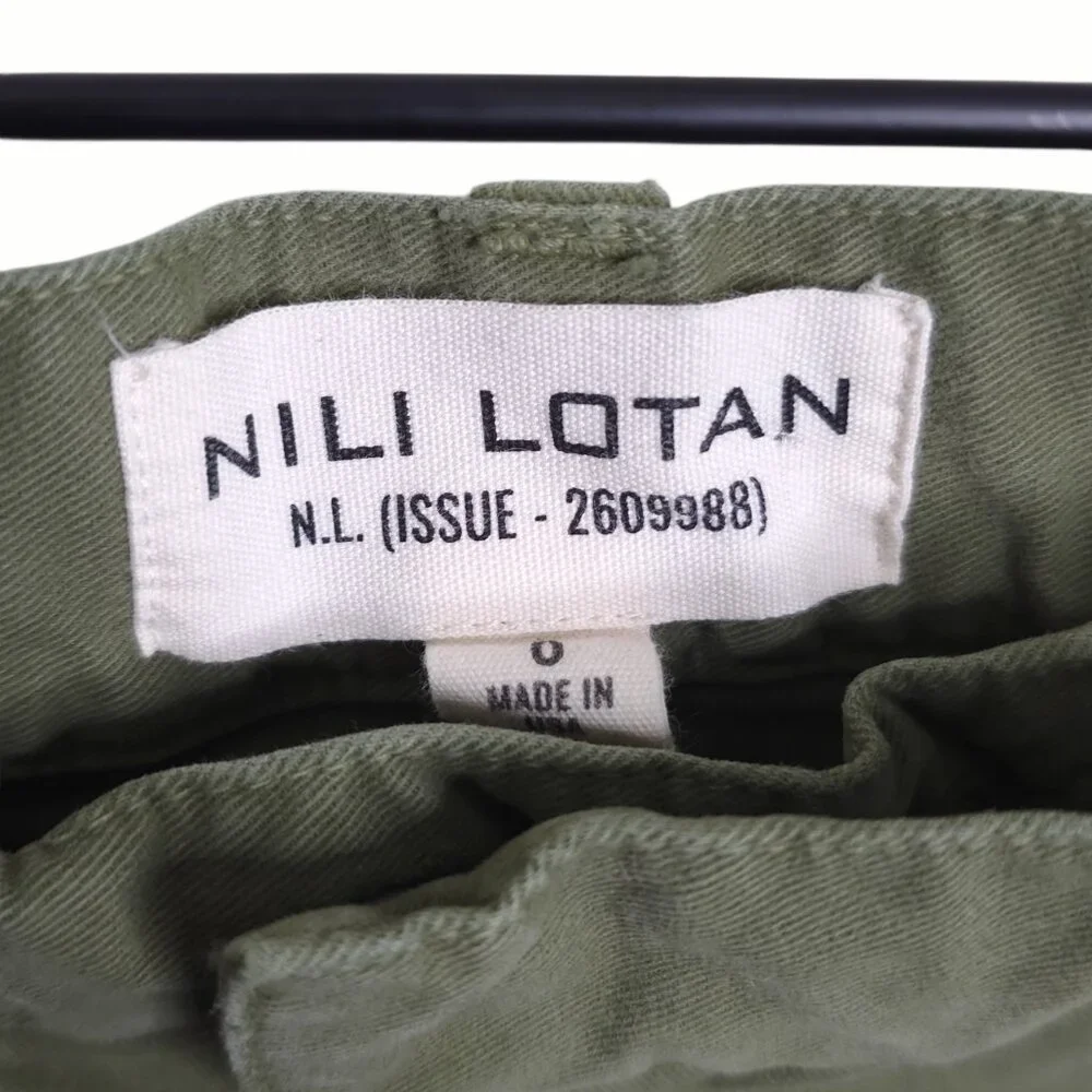 Nili Lotan Shon Pant Camo Green Twill Cotton Barrel Leg Cropped Hemmed Size 0 - Picture 4 of 10